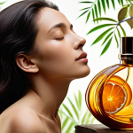 An elegant, diverse individual (leaning female), eyes gently closed, surrounded by a harmonious, swirling blend of abstract fragrance notes – vibrant citrus, delicate florals, grounding woods, and mysterious amber – depicted as shimmering colors and soft textures. Various stylized perfume bottles are subtly integrated into the composition, representing the personal journey of discovering one's unique scent DNA. The atmosphere is serene, introspective, and enchanting, emphasizing self-discovery and confidence. High detail, soft focus, dreamlike.