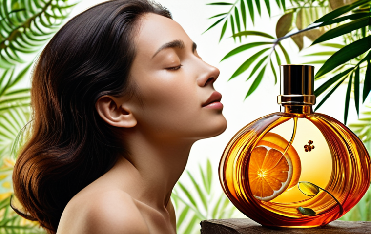 An elegant, diverse individual (leaning female), eyes gently closed, surrounded by a harmonious, swirling blend of abstract fragrance notes – vibrant citrus, delicate florals, grounding woods, and mysterious amber – depicted as shimmering colors and soft textures. Various stylized perfume bottles are subtly integrated into the composition, representing the personal journey of discovering one's unique scent DNA. The atmosphere is serene, introspective, and enchanting, emphasizing self-discovery and confidence. High detail, soft focus, dreamlike.