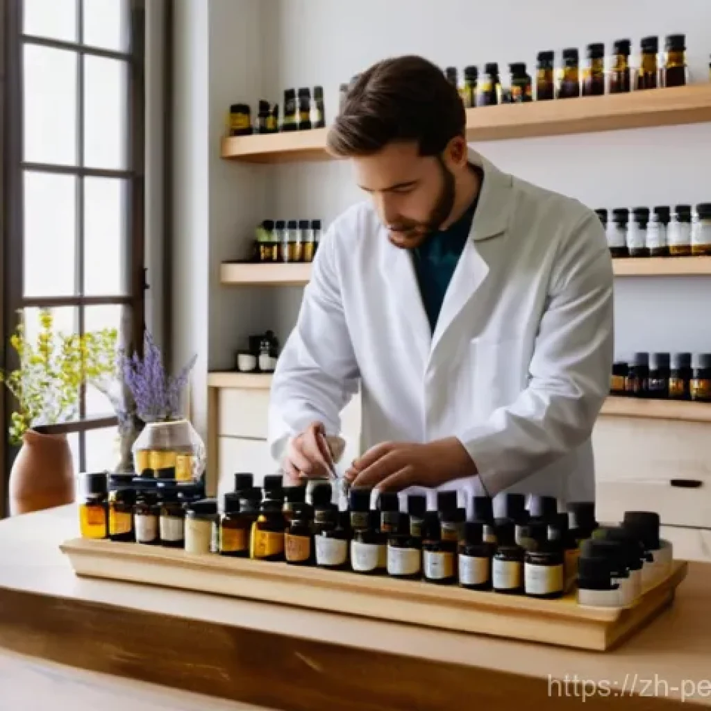 향수 배합 방법 - **Prompt:** A young adult, male or female, with a focused expression, meticulously measuring a small...