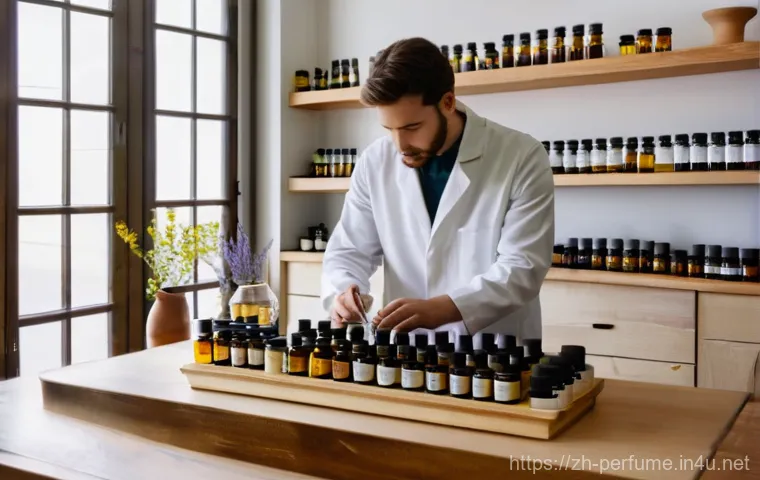 향수 배합 방법 - **Prompt:** A young adult, male or female, with a focused expression, meticulously measuring a small...