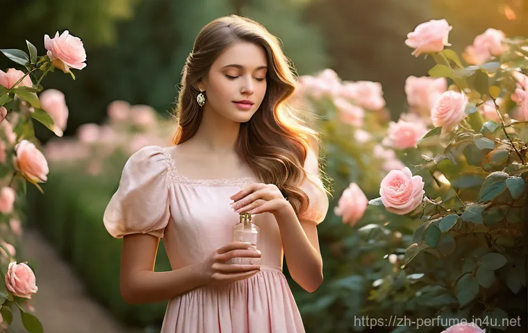 향수 향기 노트 이해하기 - **Prompt 1: Floral Romance**
    "A young woman, elegantly dressed in a delicate, flowing pastel pin...