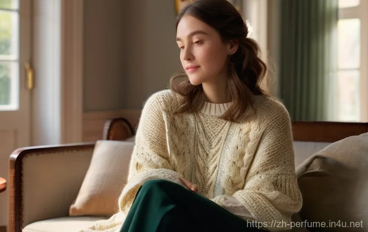 향수와 감성 마케팅 - **Prompt:** A young woman, mid-20s, with a gentle, reminiscent smile, is sitting comfortably in a so...