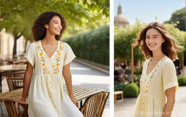 향수의 패션 코디 효과 - **Fresh Citrus Scent: Casual Outdoor Charm**
    "A vibrant, full-body outdoor shot of a young woman...