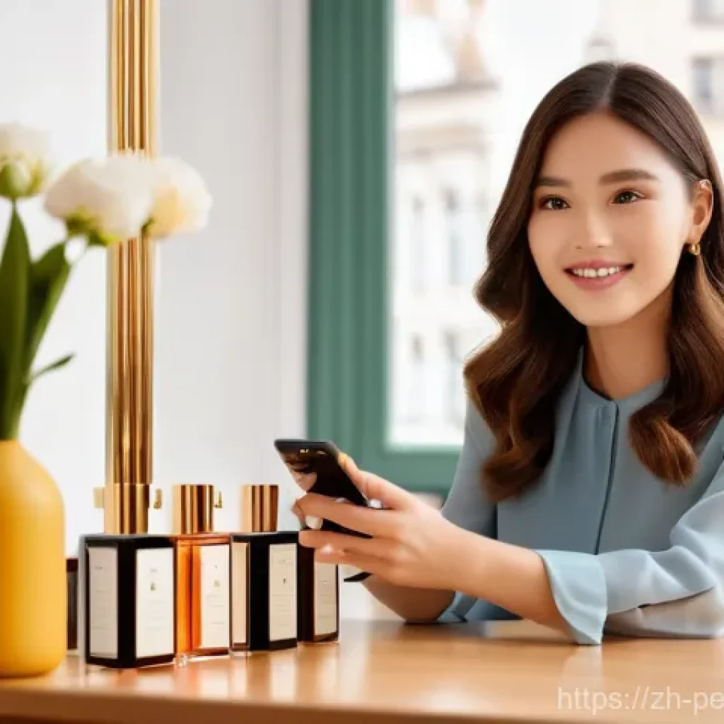향수 관련 앱 추천 - **Prompt:** A stylish young woman in her early twenties, dressed in a tasteful, elegant blouse and h...
