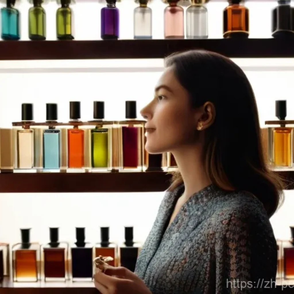 자기만의 향수 찾기 - **Prompt**: A stylish young woman, mid-20s, wearing an elegant yet modest silk blouse and tailored t...