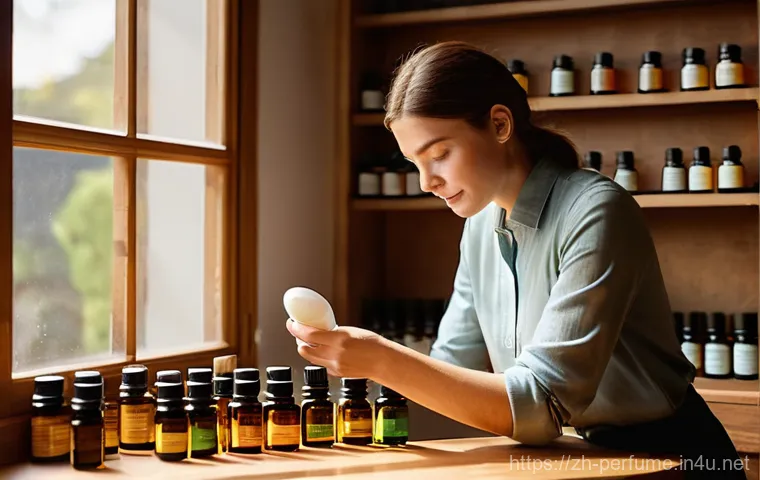 향수 제작 실험 - **Prompt:** A stylish woman in her late twenties, wearing a tasteful, long-sleeved linen blouse and ...