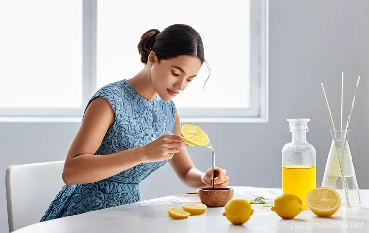 향수 제작 실험 - **Prompt:** A stylish woman in her late twenties, wearing a tasteful, long-sleeved linen blouse and ...