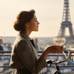 향수의 감성적 경험 - **Prompt:** A young woman, elegantly dressed in a chic, modest vintage outfit, stands by a sunlit wi...