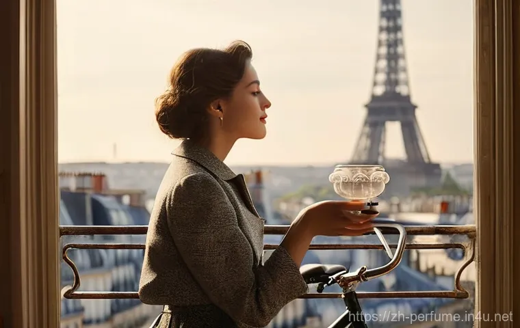 향수의 감성적 경험 - **Prompt:** A young woman, elegantly dressed in a chic, modest vintage outfit, stands by a sunlit wi...