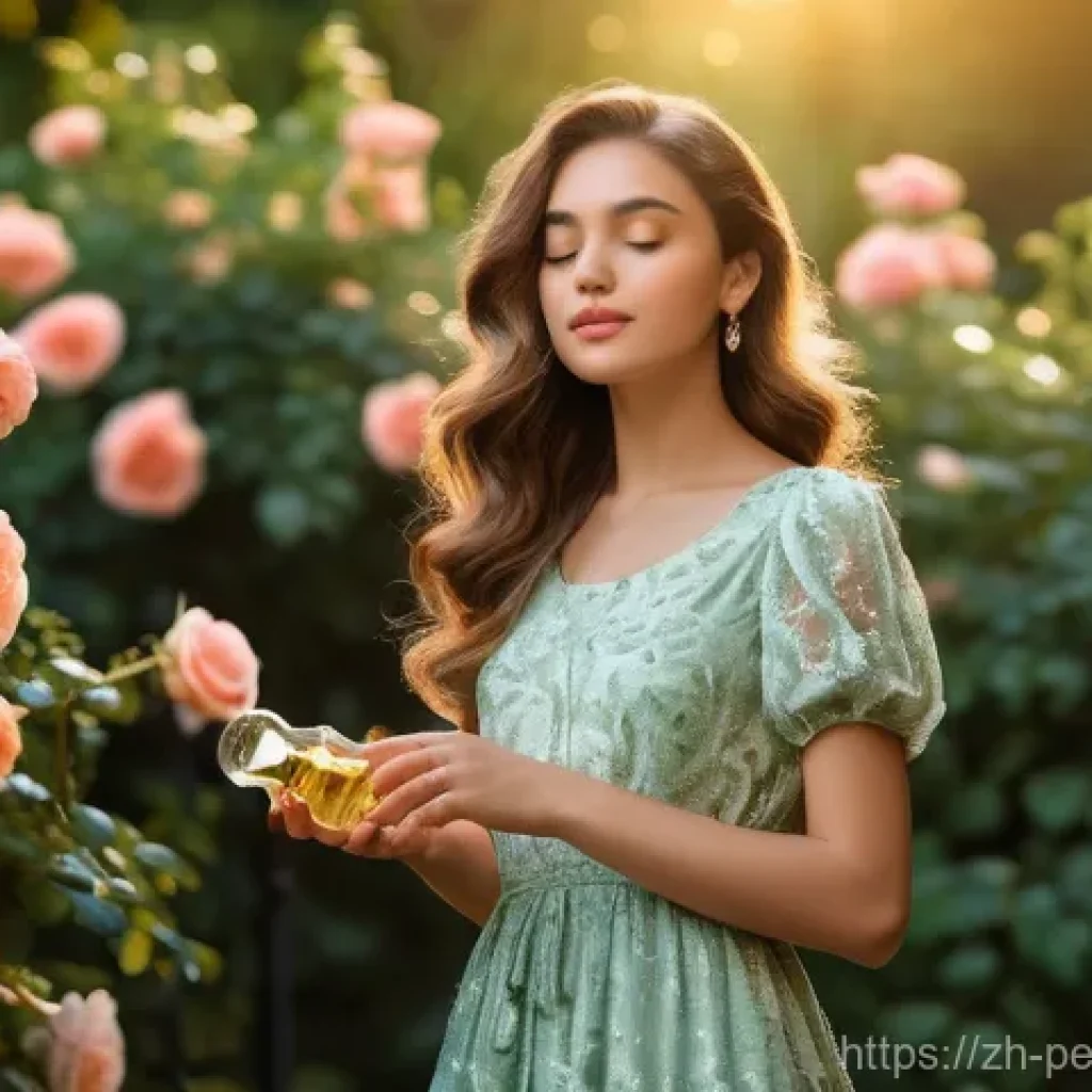 향수 광고 전략 - A serene young woman, elegantly dressed in a chic, modest summer dress with delicate floral patterns...