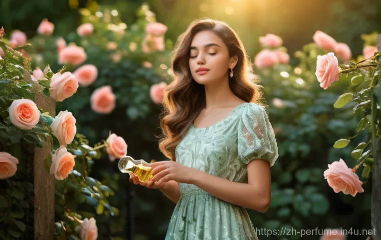 향수 광고 전략 - A serene young woman, elegantly dressed in a chic, modest summer dress with delicate floral patterns...