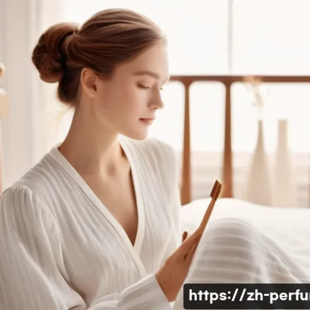 향수의 활용법 - **Prompt:** A graceful young woman in a soft, elegant loungewear set (fully covering her body), in a...