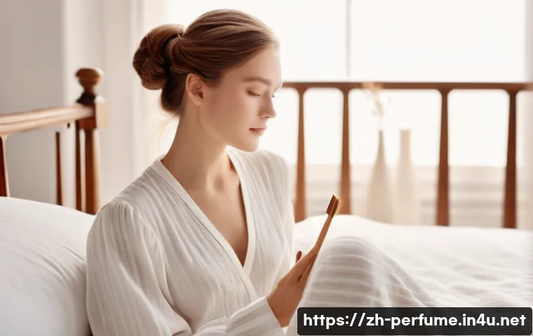 향수의 활용법 - **Prompt:** A graceful young woman in a soft, elegant loungewear set (fully covering her body), in a...