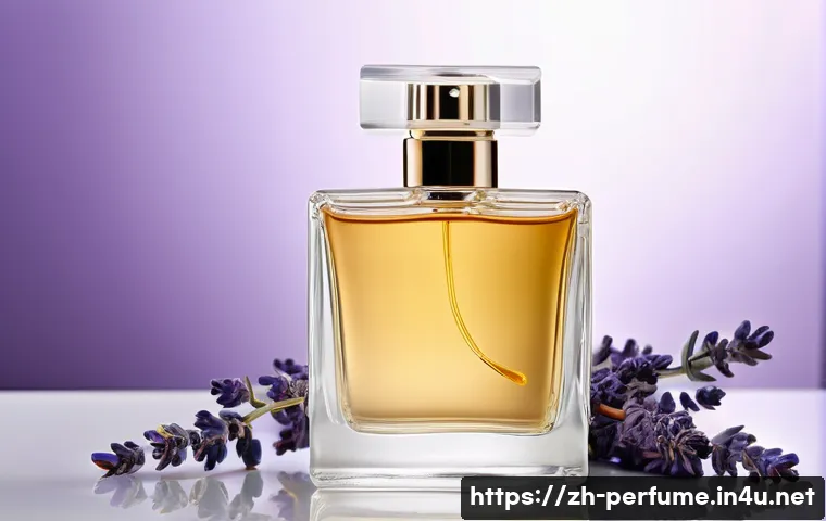 향수와 페로몬 - A sophisticated modern perfume bottle placed on a reflective glass surface, surrounded by natural in...