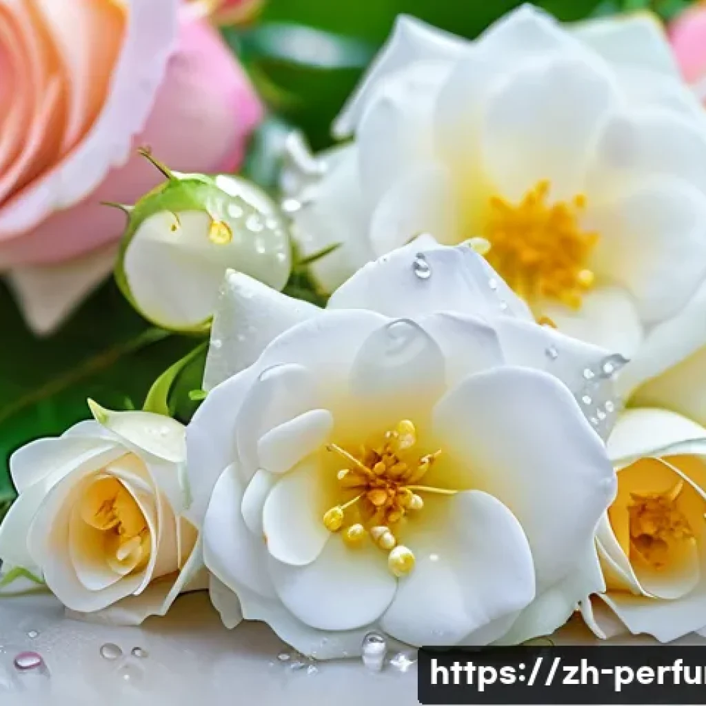 향수의 원료 - A close-up, highly detailed image of fresh blooming roses and jasmine flowers in the early morning l...