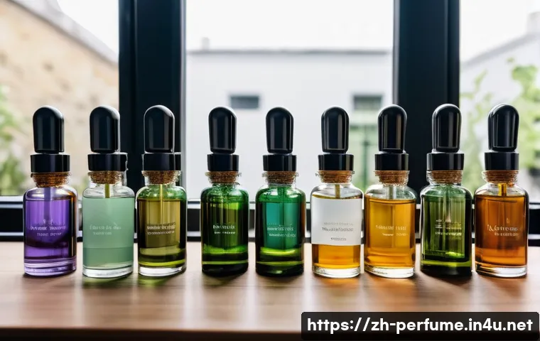 남자 향수 만들기 - A sophisticated male perfumer&rsquo;s workspace featuring elegant glass bottles filled with layered fragra...