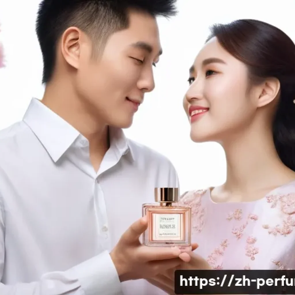 향수와 커플 선물 - A romantic and elegant scene featuring a young Chinese couple in a modern urban setting, the woman w...