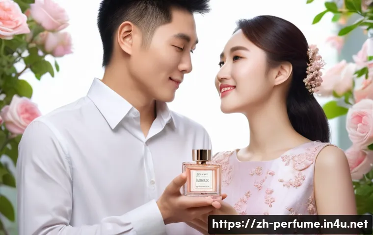 향수와 커플 선물 - A romantic and elegant scene featuring a young Chinese couple in a modern urban setting, the woman w...