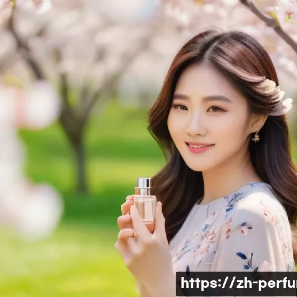 향수의 세련된 사용법 - A stylish young Asian woman in a modern spring garden setting, wearing a light pastel floral dress a...
