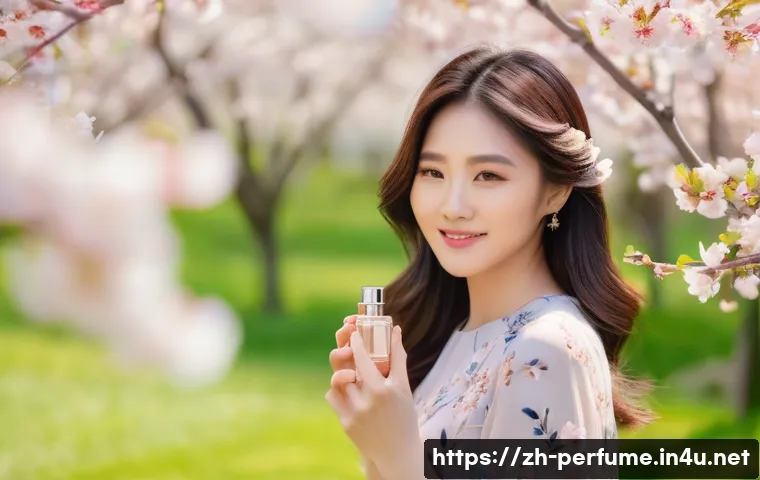 향수의 세련된 사용법 - A stylish young Asian woman in a modern spring garden setting, wearing a light pastel floral dress a...