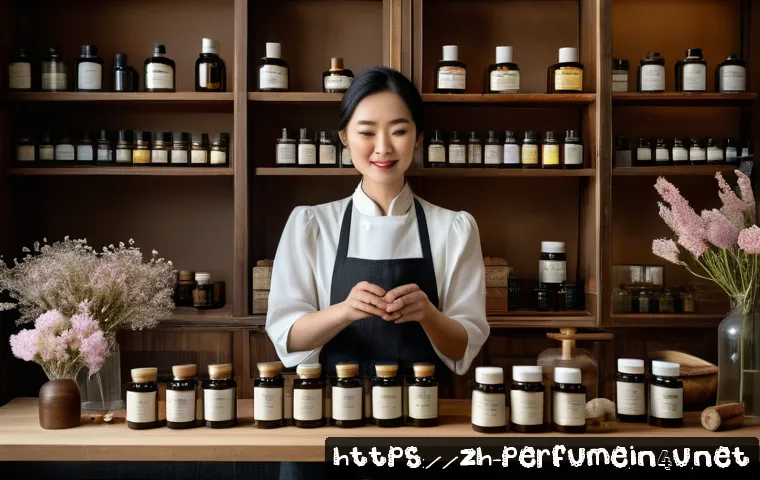 향수 관련 도서 추천 - A sophisticated perfumer&rsquo;s workshop scene featuring an elegant middle-aged Asian woman in a stylish ...