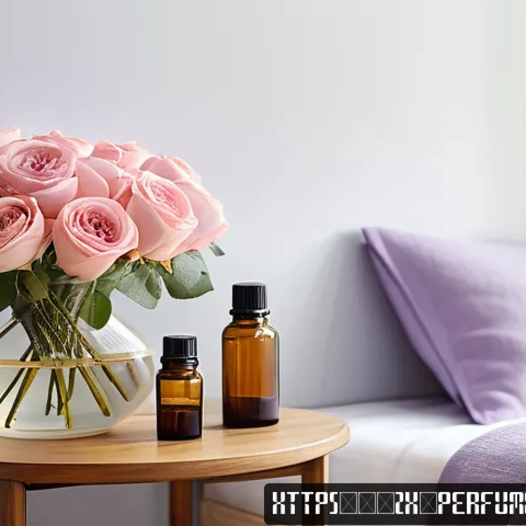향수와 감정의 관계 - A serene and elegant modern bedroom interior bathed in soft natural light, featuring a delicate vase...