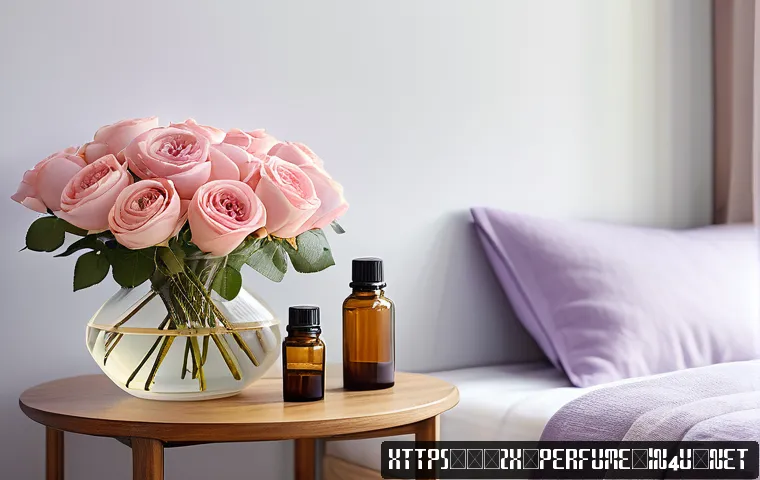 향수와 감정의 관계 - A serene and elegant modern bedroom interior bathed in soft natural light, featuring a delicate vase...