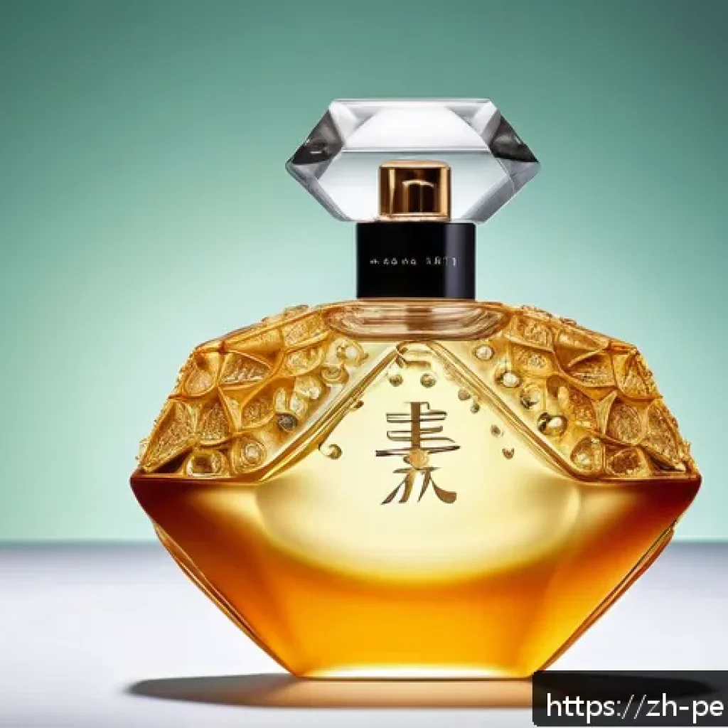 향수의 지속성 향상 기술 - A sophisticated perfume bottle surrounded by molecular structures of various sizes, illustrating the...