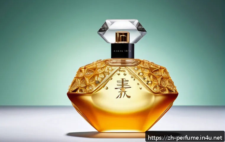 향수의 지속성 향상 기술 - A sophisticated perfume bottle surrounded by molecular structures of various sizes, illustrating the...