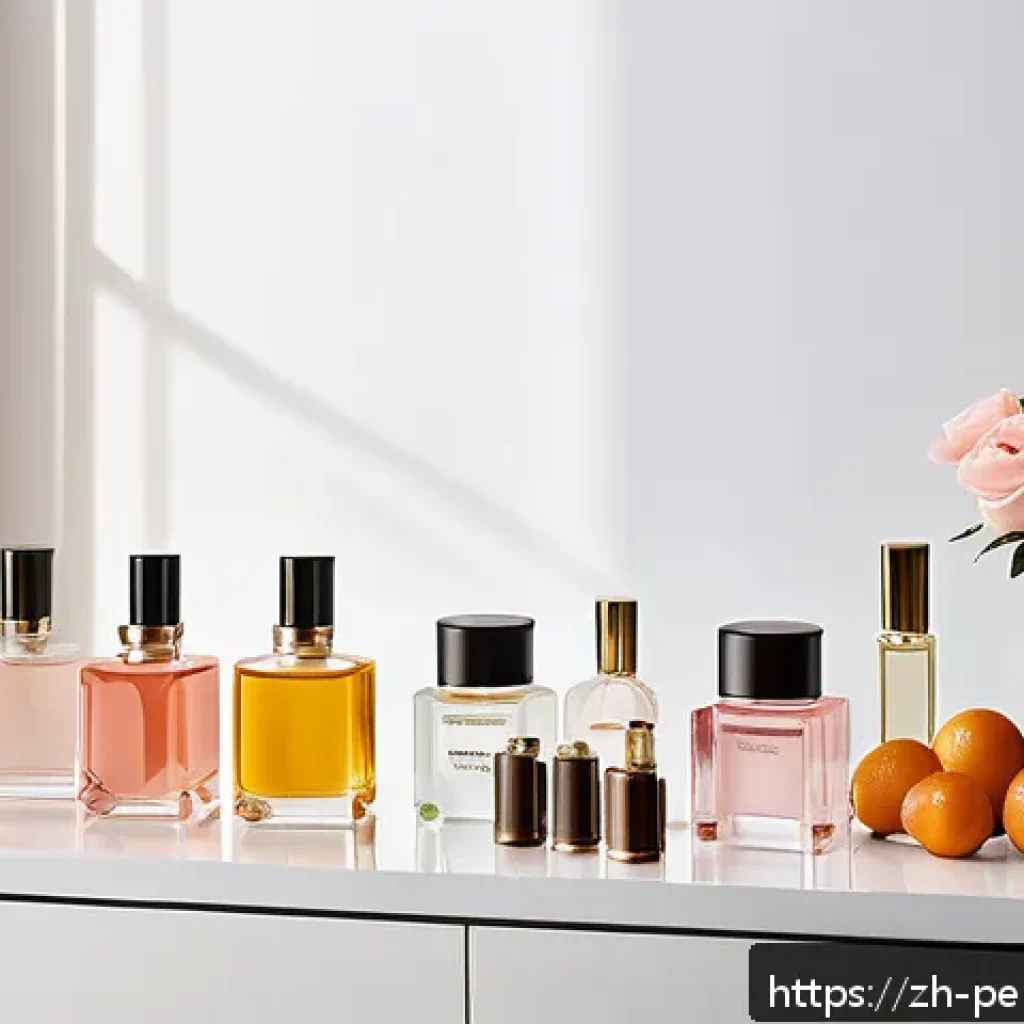 향수 구매 팁 - A modern minimalist vanity table with an elegant assortment of perfume bottles showcasing different ...