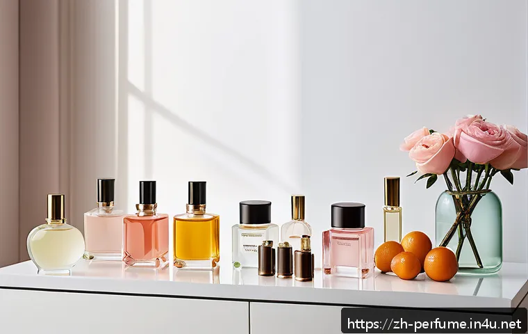 향수 구매 팁 - A modern minimalist vanity table with an elegant assortment of perfume bottles showcasing different ...