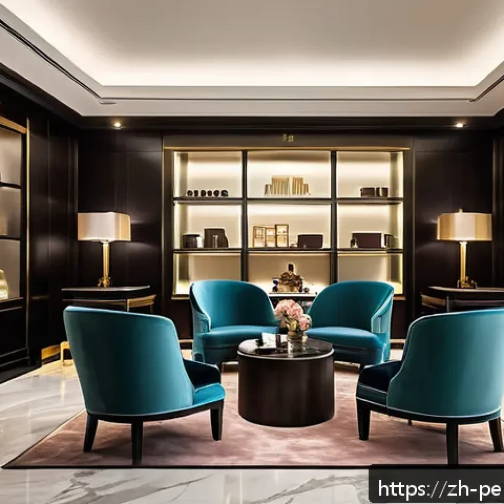 향수로 창출할 수 있는 브랜딩 효과 - A luxurious flagship boutique interior showcasing a sophisticated wood and musk fragrance theme, fea...