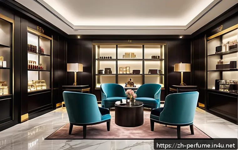 향수로 창출할 수 있는 브랜딩 효과 - A luxurious flagship boutique interior showcasing a sophisticated wood and musk fragrance theme, fea...