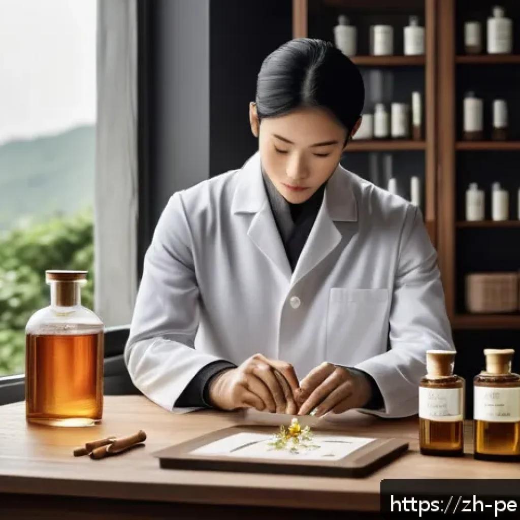 향수의 레시피와 제조 기술 - A serene artistic scene of a perfumer in a modern studio, delicately blending natural essential oils...