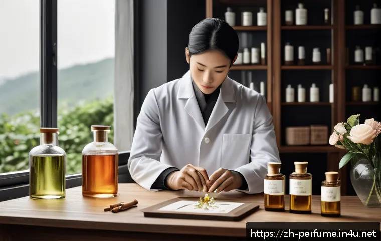 향수의 레시피와 제조 기술 - A serene artistic scene of a perfumer in a modern studio, delicately blending natural essential oils...