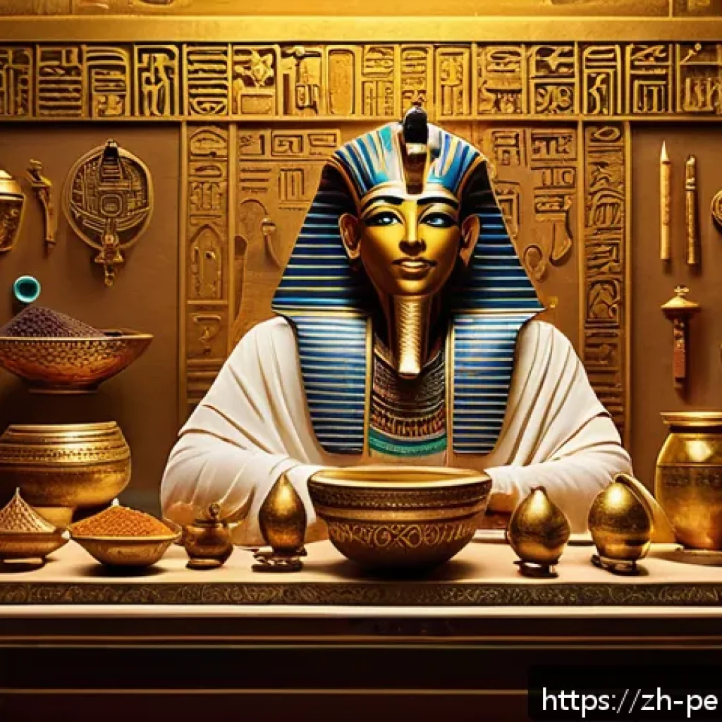 향수의 역사와 기원 - An ancient Egyptian temple scene featuring a Pharaoh dressed in traditional royal garments and ornat...