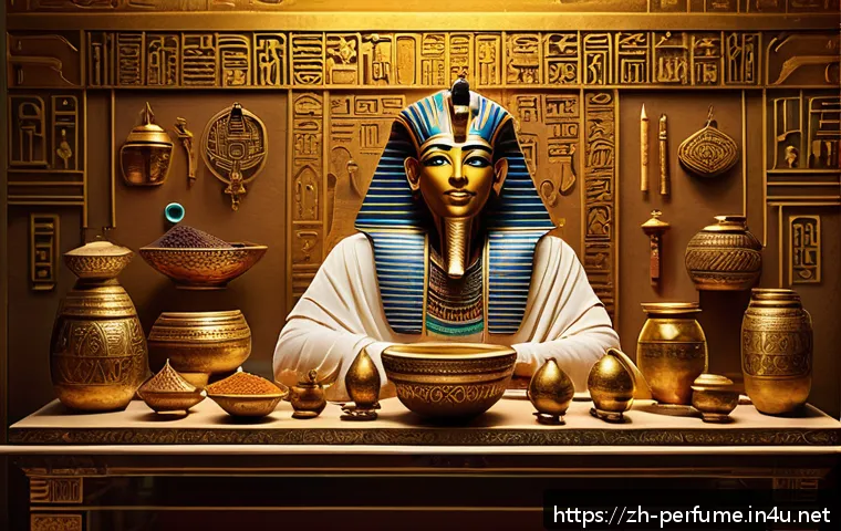 향수의 역사와 기원 - An ancient Egyptian temple scene featuring a Pharaoh dressed in traditional royal garments and ornat...