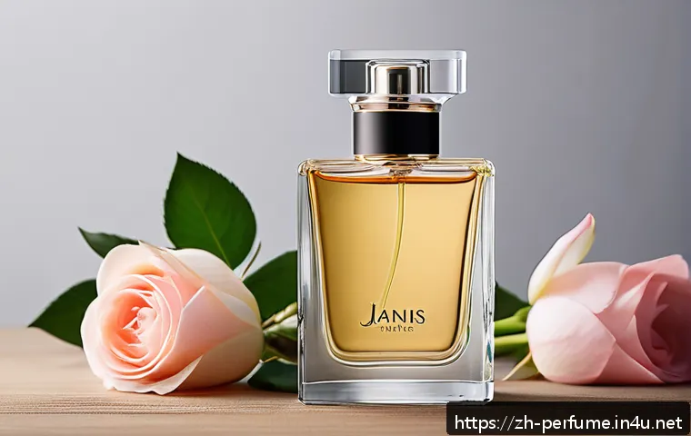 향수 기획 및 디자인 - A luxurious perfume bottle set on a soft, natural background featuring fresh roses, jasmine flowers,...