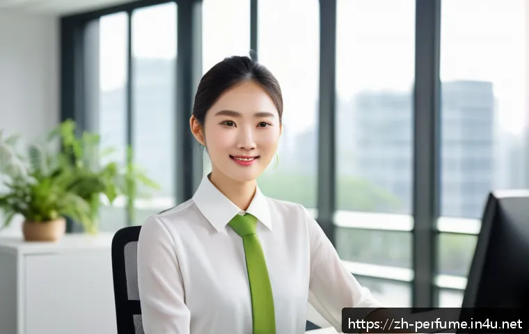 유니섹스 향수 추천 - A stylish young professional in a modern office setting, wearing light business attire and a subtle ...