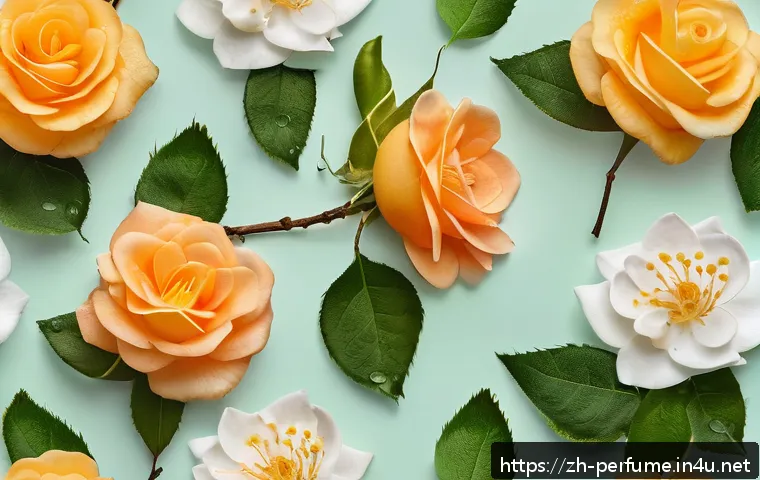 향수 제조사 인터뷰 - A serene natural landscape illustrating the essence of natural perfume ingredients: a close-up of bl...