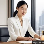 오래가는 향수 추천 - A sophisticated, elegant woman in a modern office setting applying a subtle spray of Chanel Coco Mad...