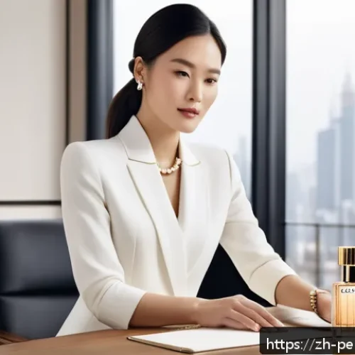오래가는 향수 추천 - A sophisticated, elegant woman in a modern office setting applying a subtle spray of Chanel Coco Mad...