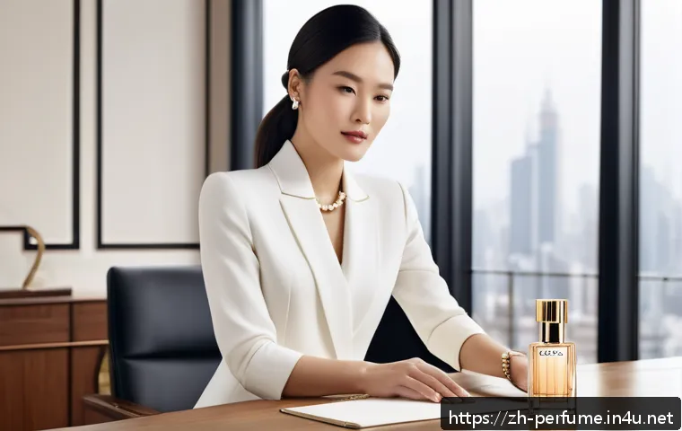 오래가는 향수 추천 - A sophisticated, elegant woman in a modern office setting applying a subtle spray of Chanel Coco Mad...