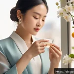향수 복합 향기 사용법 - A stylish young woman in a modern urban setting, wearing elegant business attire with subtle floral ...