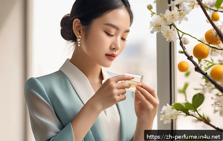 향수 복합 향기 사용법 - A stylish young woman in a modern urban setting, wearing elegant business attire with subtle floral ...