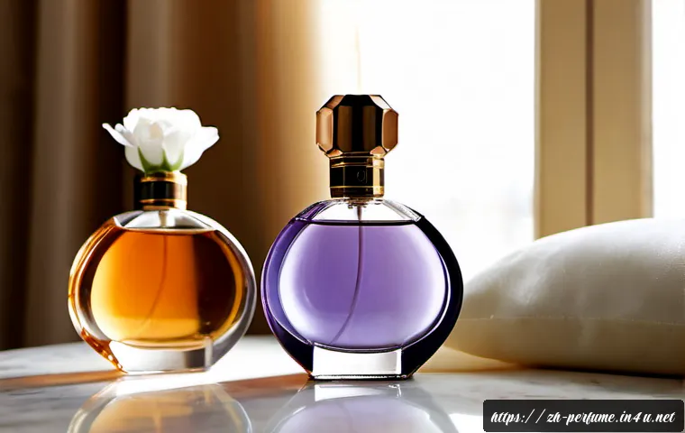 향수의 미적 요소 - Photorealistic luxury still life of three unbranded perfume bottles in clear glass with pale amber, ...