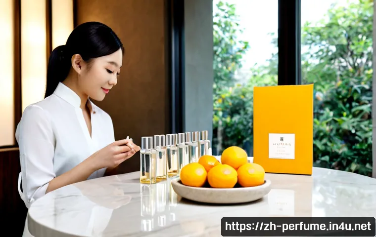 향수의 개인화 시나리오 - Photorealistic luxury perfume personalization consultation in a sunlit modern boutique, elegant Asia...