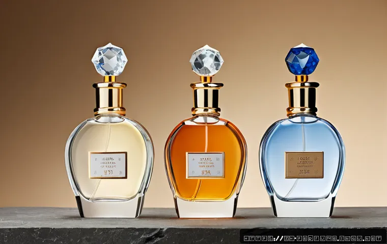 향수 가격대별 차이 - Photorealistic luxury comparison scene of three unbranded perfume bottles representing budget, mid-r...